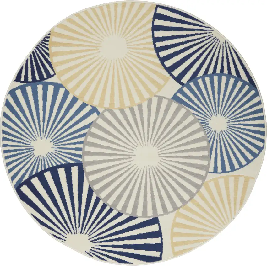 5' Blue and Beige Round Geometric Power Loom Area Rug Photo 3