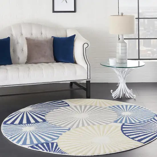 5' Blue and Beige Round Geometric Power Loom Area Rug Photo 5