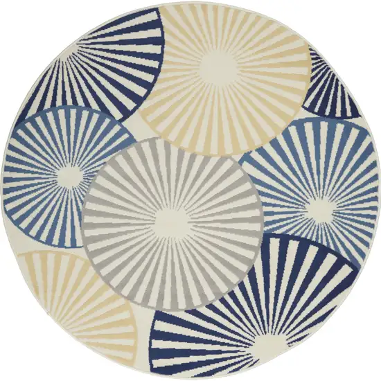 5' Blue and Beige Round Geometric Power Loom Area Rug Photo 4