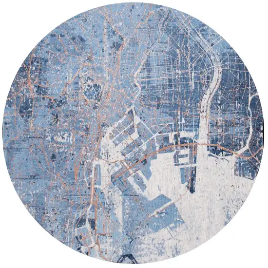 8' Blue and Black Round Abstract Non Skid Area Rug Photo 2
