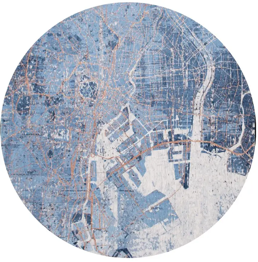 8' Blue and Black Round Abstract Non Skid Area Rug Photo 2