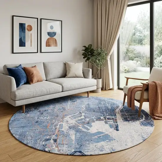 8' Blue and Black Round Abstract Non Skid Area Rug Photo 1