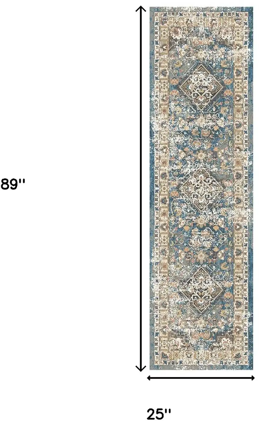 8' Blue and Brown Oriental Distressed Runner Rug With Fringe Photo 5