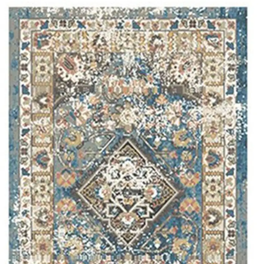8' Blue and Brown Oriental Distressed Runner Rug With Fringe Photo 3