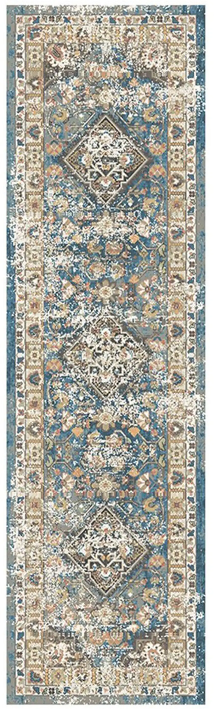 8' Blue and Brown Oriental Distressed Runner Rug With Fringe Photo 2