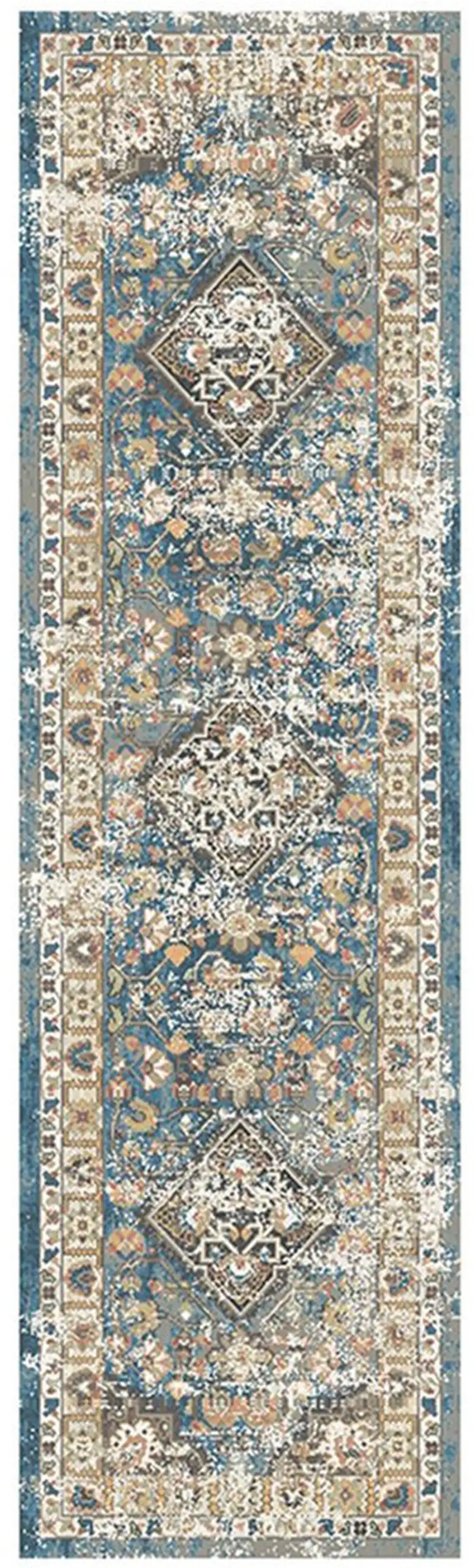 8' Blue and Brown Oriental Distressed Runner Rug With Fringe Photo 4