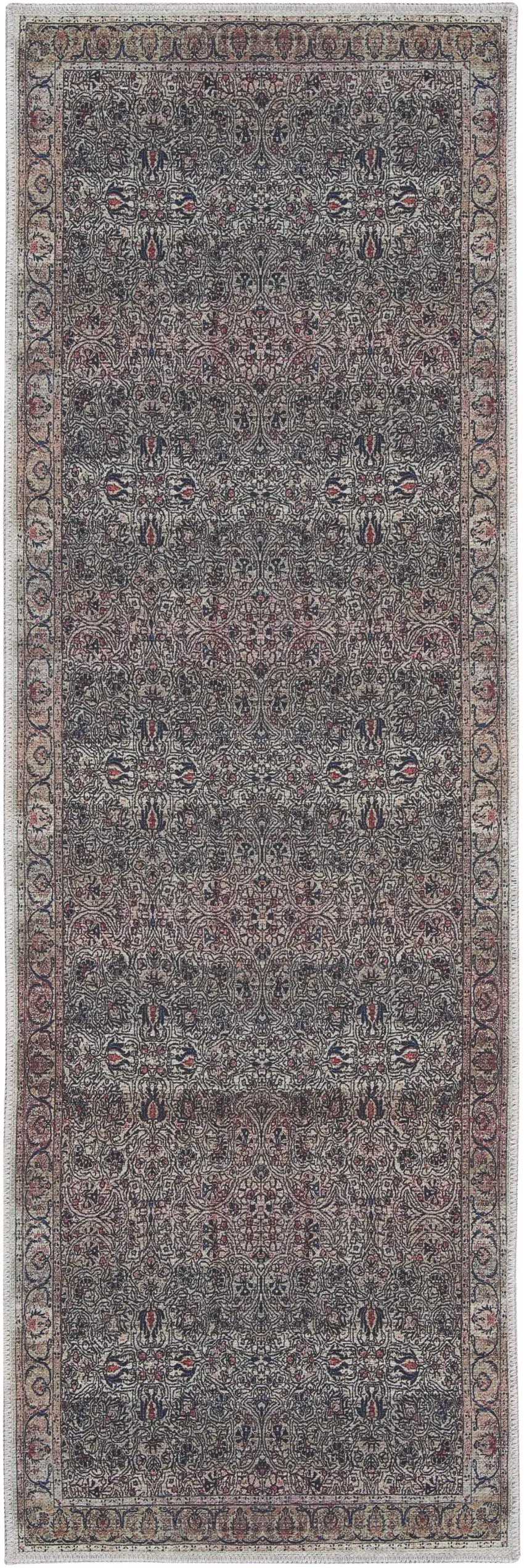 6' Blue and Brown Oriental Power Loom Distressed Washable Non Skid Runner Rug Photo 1