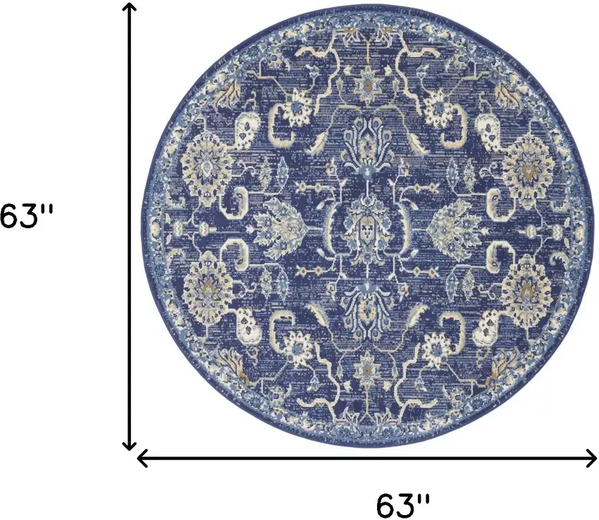 5' Blue and Gold Round Oriental Power Loom Area Rug Photo 3