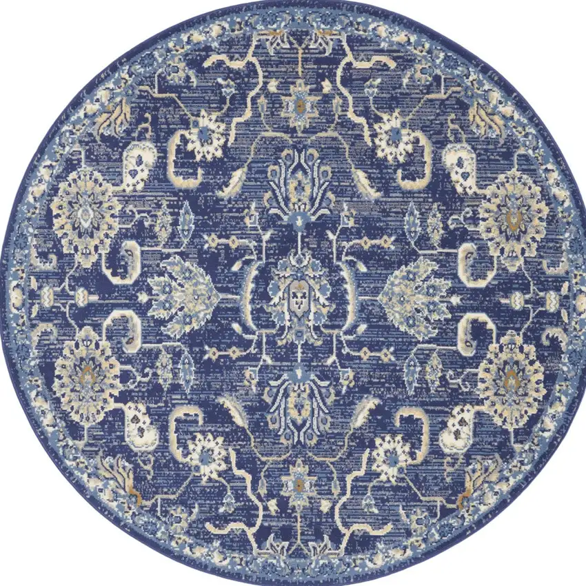 5' Blue and Gold Round Oriental Power Loom Area Rug Photo 7