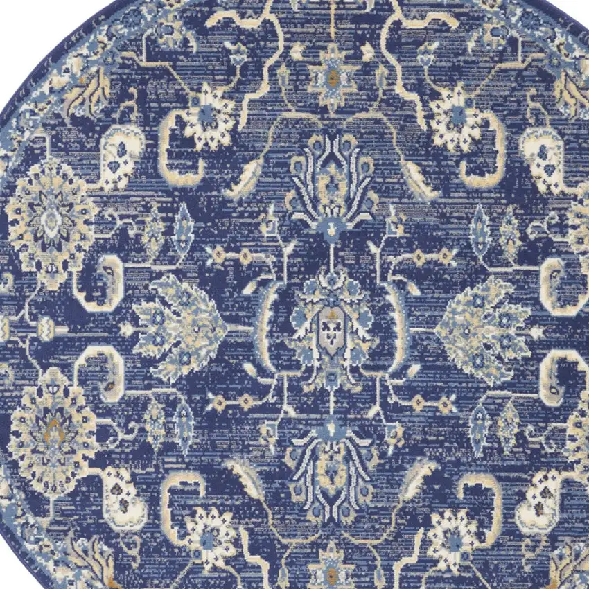 5' Blue and Gold Round Oriental Power Loom Area Rug Photo 6