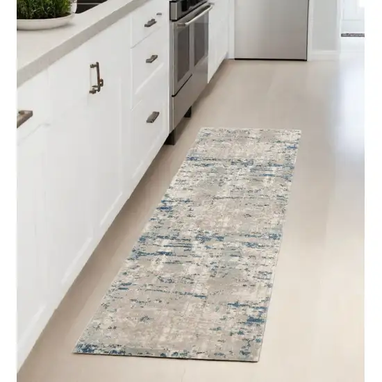 8' Blue and Gray Abstract Power Loom Runner Rug Photo 2