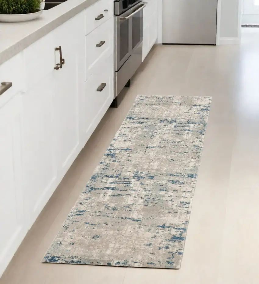 8' Blue and Gray Abstract Power Loom Runner Rug Photo 2