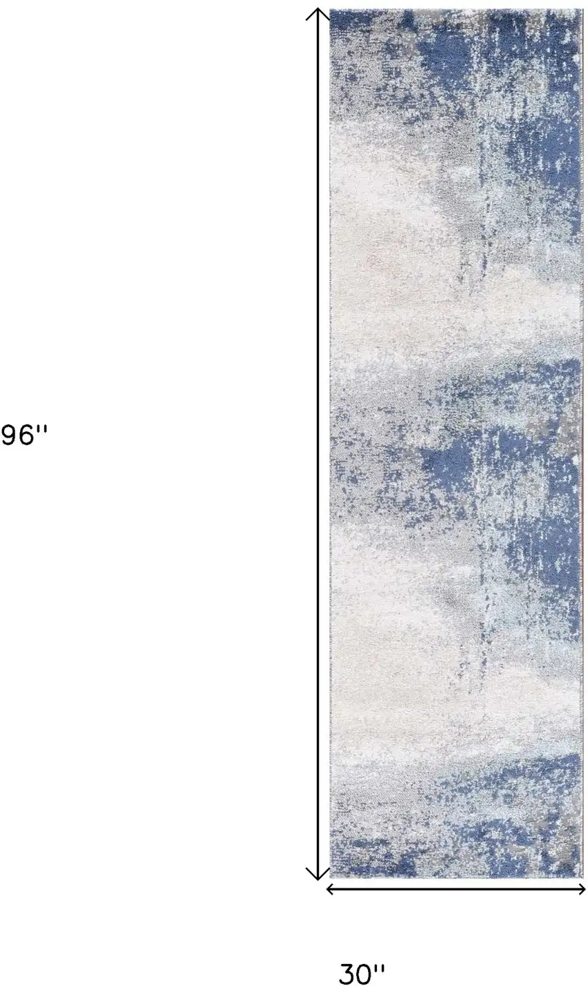 8' Blue and Gray Abstract Power Loom Runner Rug Photo 7