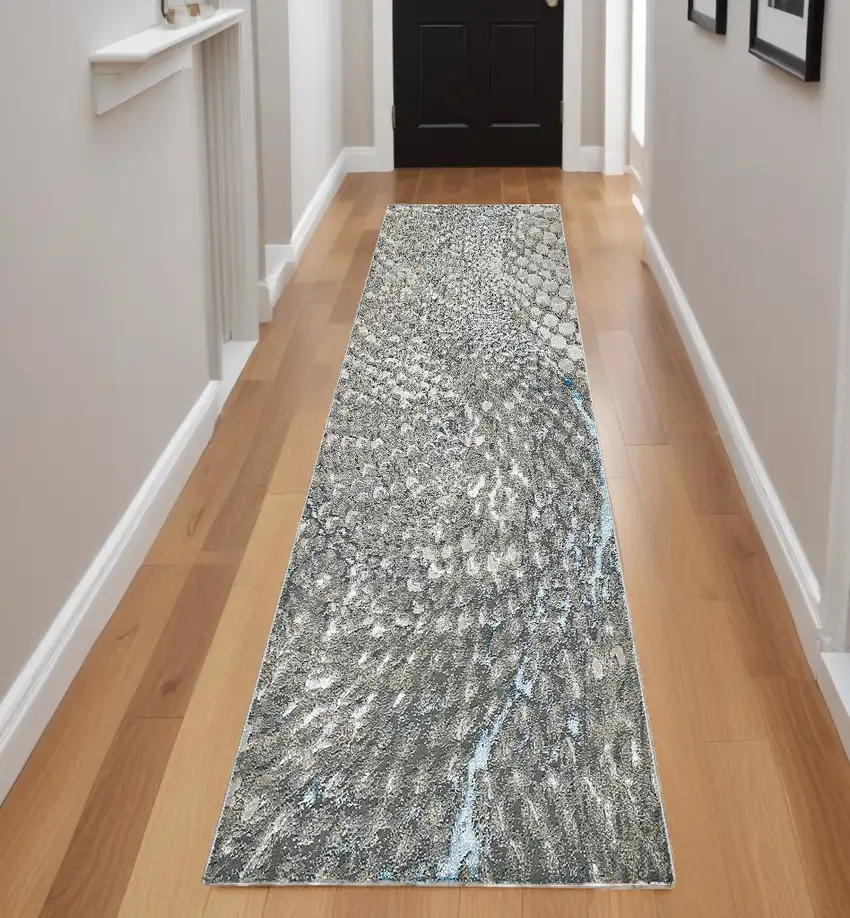 8' Blue and Gray Abstract Power Loom Runner Rug Photo 1