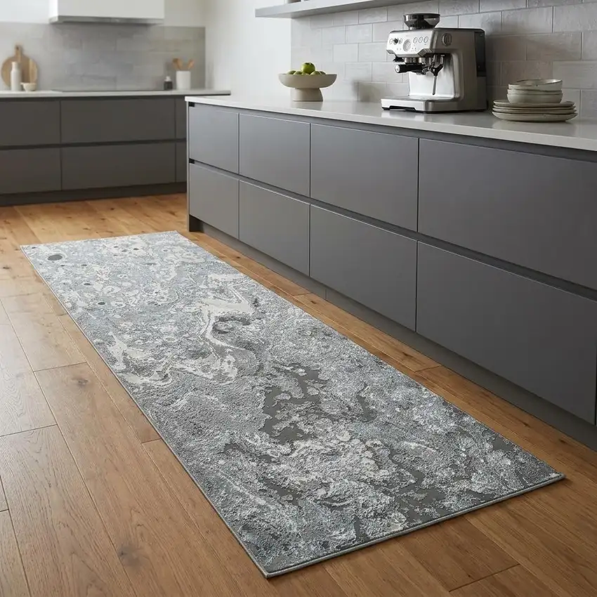 8' Blue and Gray Abstract Power Loom Runner Rug Photo 1