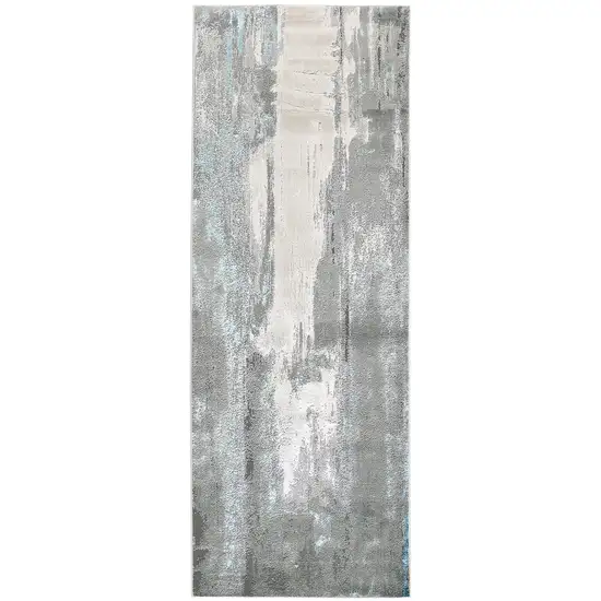 8' Gray Ivory And Blue Abstract Runner Rug Photo 2