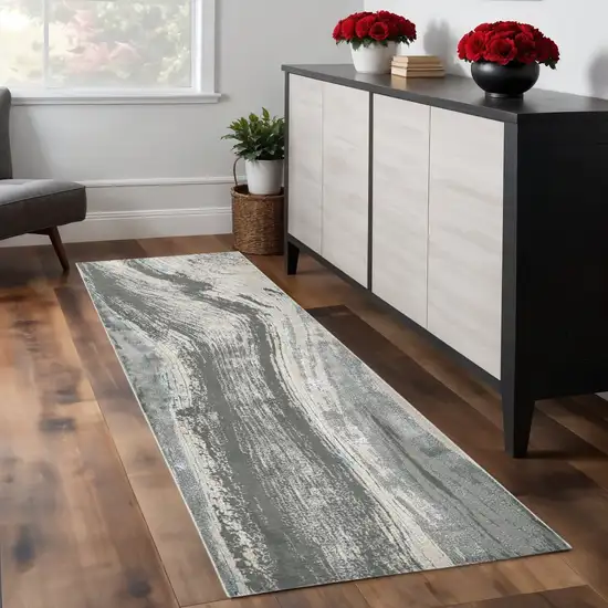 8' Gray Ivory And Blue Abstract Runner Rug Photo 1