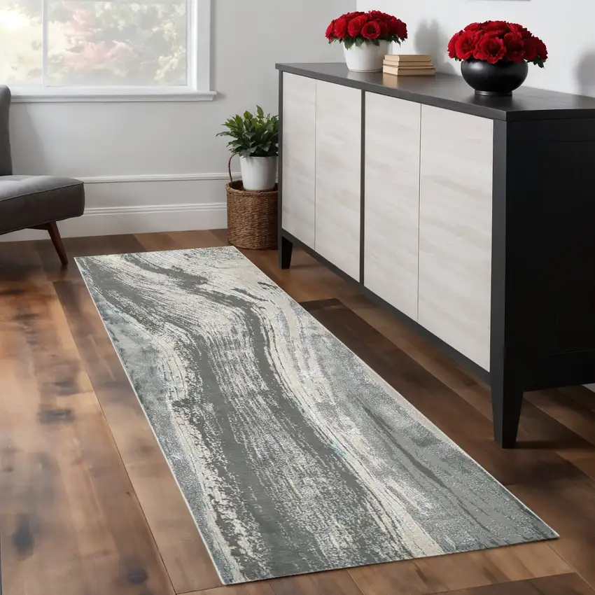 8' Gray Ivory And Blue Abstract Runner Rug Photo 1