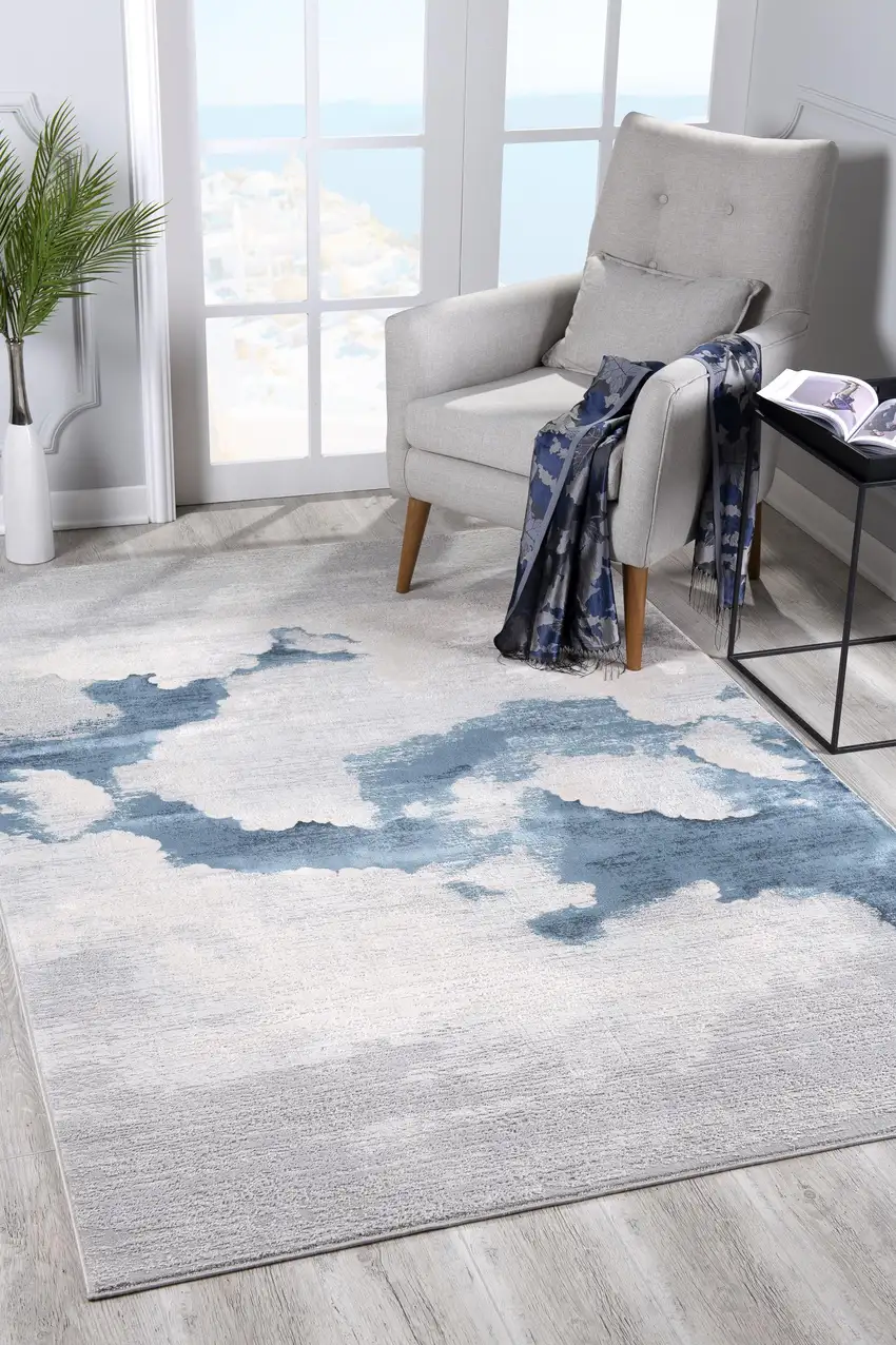 8' Blue and Gray Abstract Washable Non Skid Area Rug Photo 5