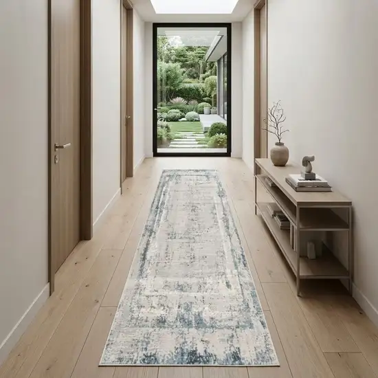 13' Blue And Gray Abstract Washable Runner Rug Photo 1