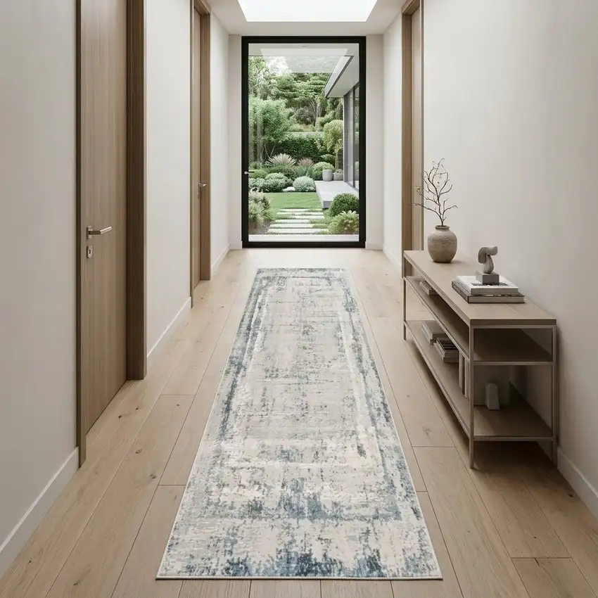 13' Blue And Gray Abstract Washable Runner Rug Photo 1