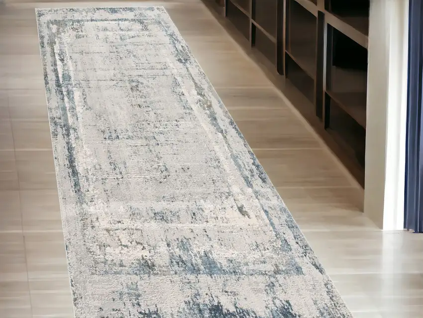 13' Blue and Gray Abstract Washable Non Skid Area Rug Photo 1