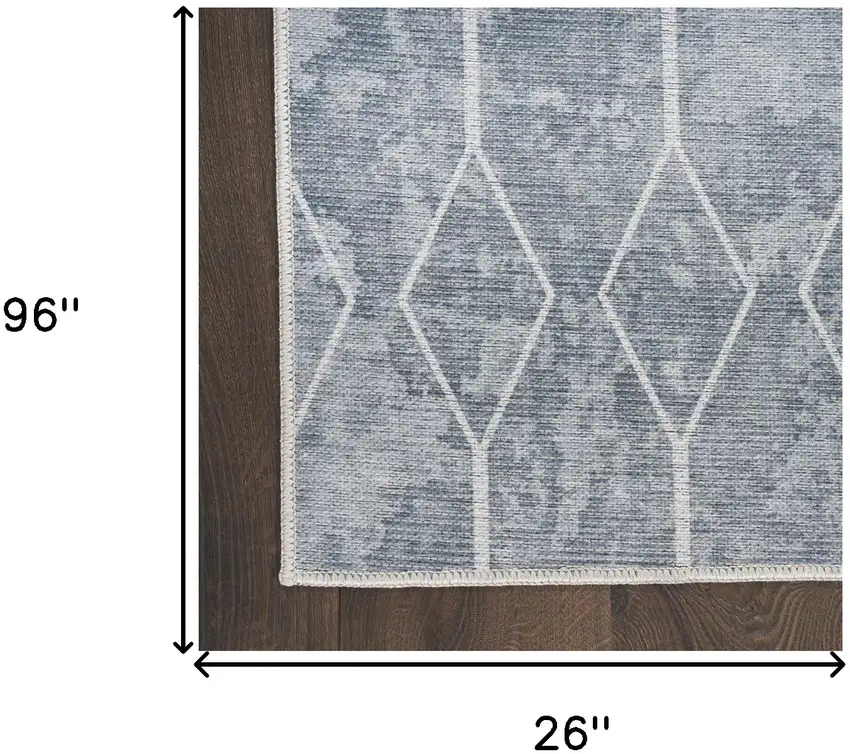 8' Blue and Gray Geometric Power Loom Washable Runner Rug Photo 7