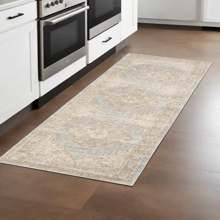 8' Beige and Gray Medallion Power Loom Worn Faded Runner Rug Photo 1