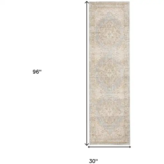 8' Blue and Gray Medallion Power Loom Distressed Runner Rug Photo 7