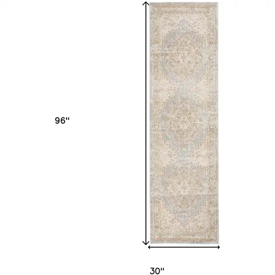 8' Blue and Gray Medallion Power Loom Distressed Runner Rug Photo 7