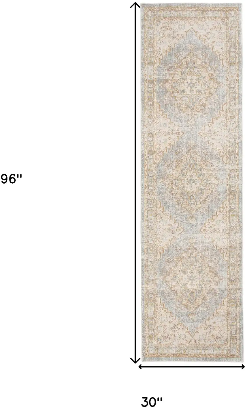 8' Blue and Gray Medallion Power Loom Distressed Runner Rug Photo 7