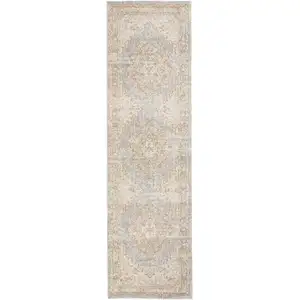 Photo of 8' Blue and Gray Medallion Power Loom Distressed Runner Rug