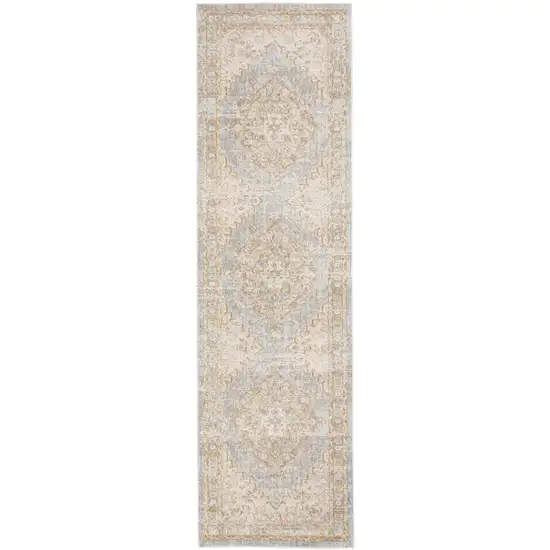 8' Blue and Gray Medallion Power Loom Distressed Runner Rug Photo 1