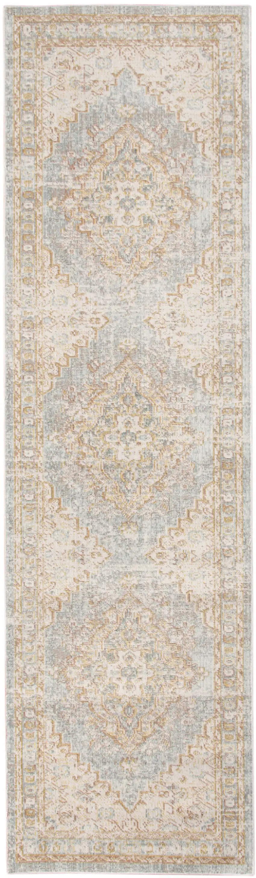 8' Blue and Gray Medallion Power Loom Distressed Runner Rug Photo 1