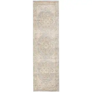 Photo of 8' Blue and Gray Medallion Power Loom Distressed Runner Rug