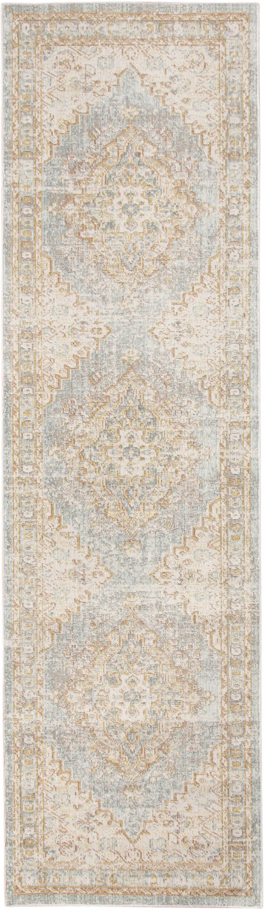 8' Blue and Gray Medallion Power Loom Distressed Runner Rug Photo 1