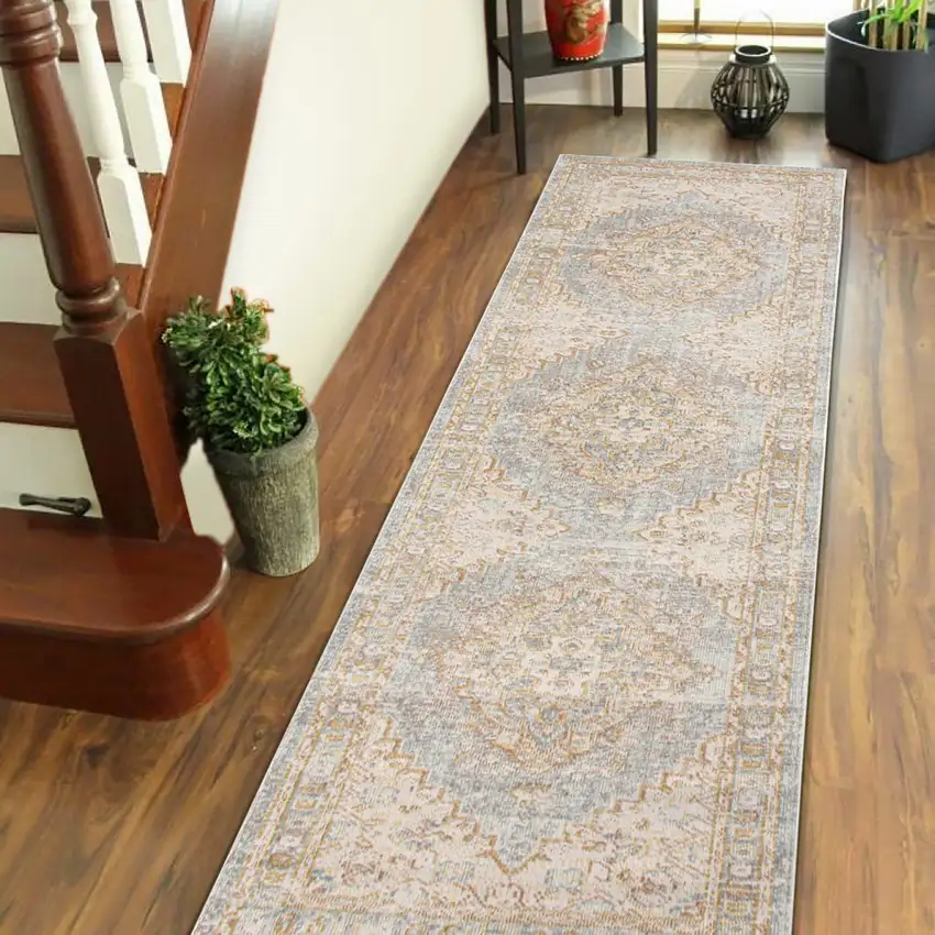 8' Blue and Gray Medallion Power Loom Distressed Runner Rug Photo 6