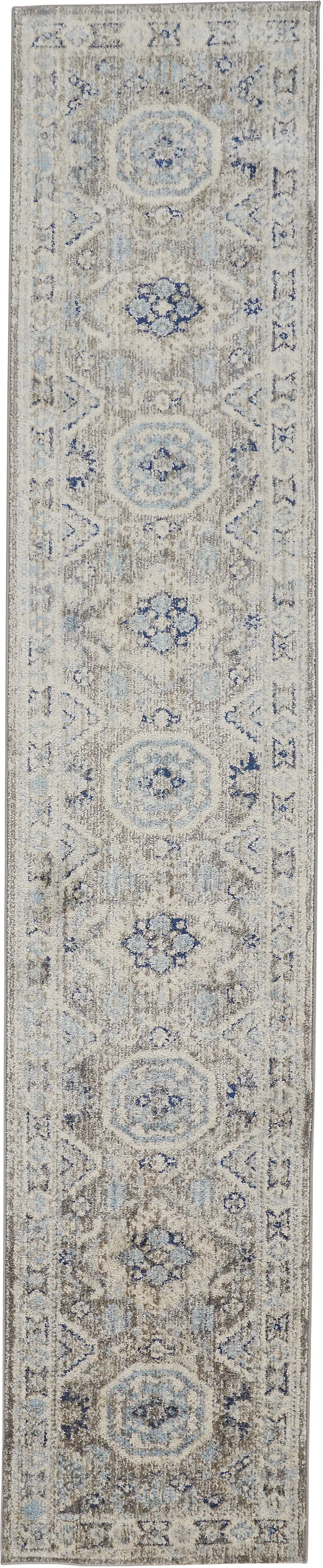 8' Blue and Gray Medallion Runner Rug Photo 4