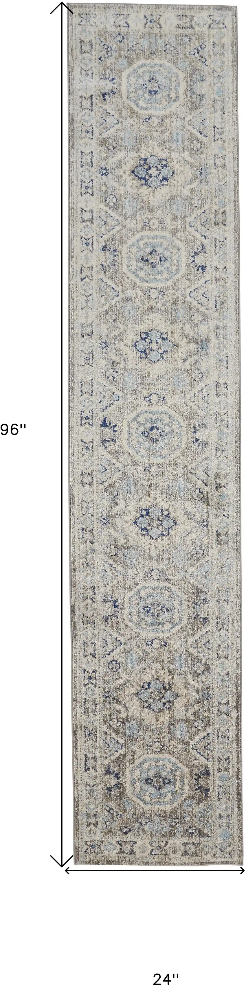 8' Blue and Gray Medallion Runner Rug Photo 3