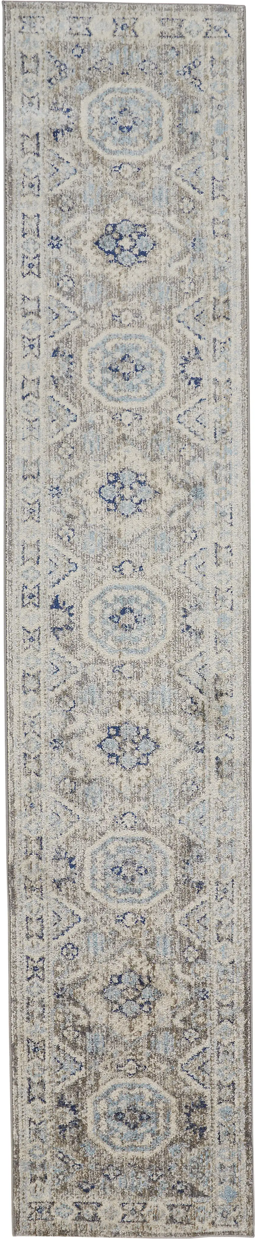 8' Blue and Gray Medallion Runner Rug Photo 2