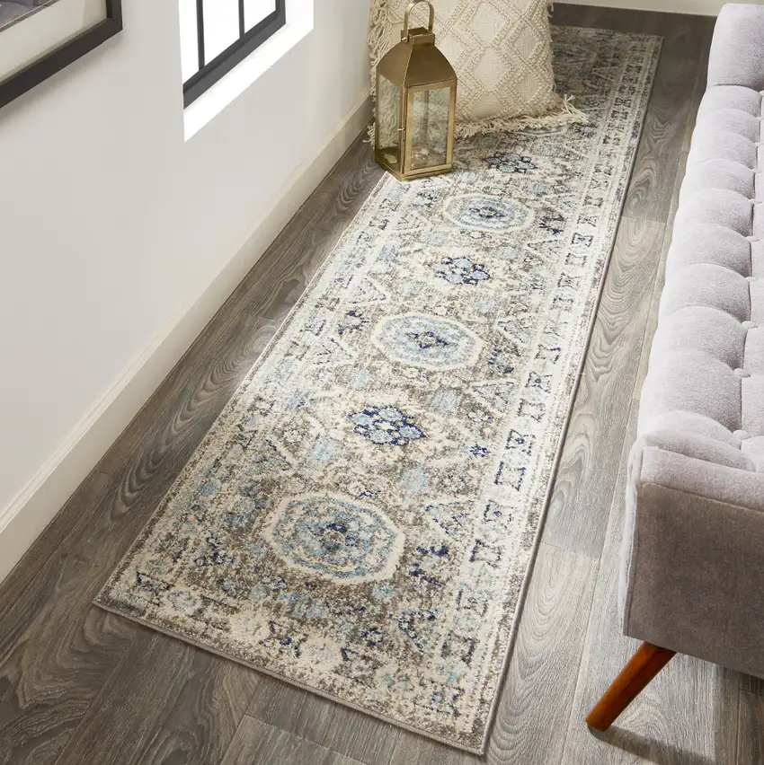 8' Blue and Gray Medallion Runner Rug Photo 5