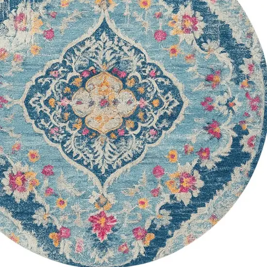 5' Blue and Gray Oriental Distressed Round Rug Photo 4