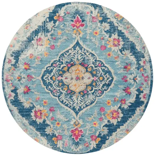 5' Blue and Gray Oriental Distressed Round Rug Photo 2