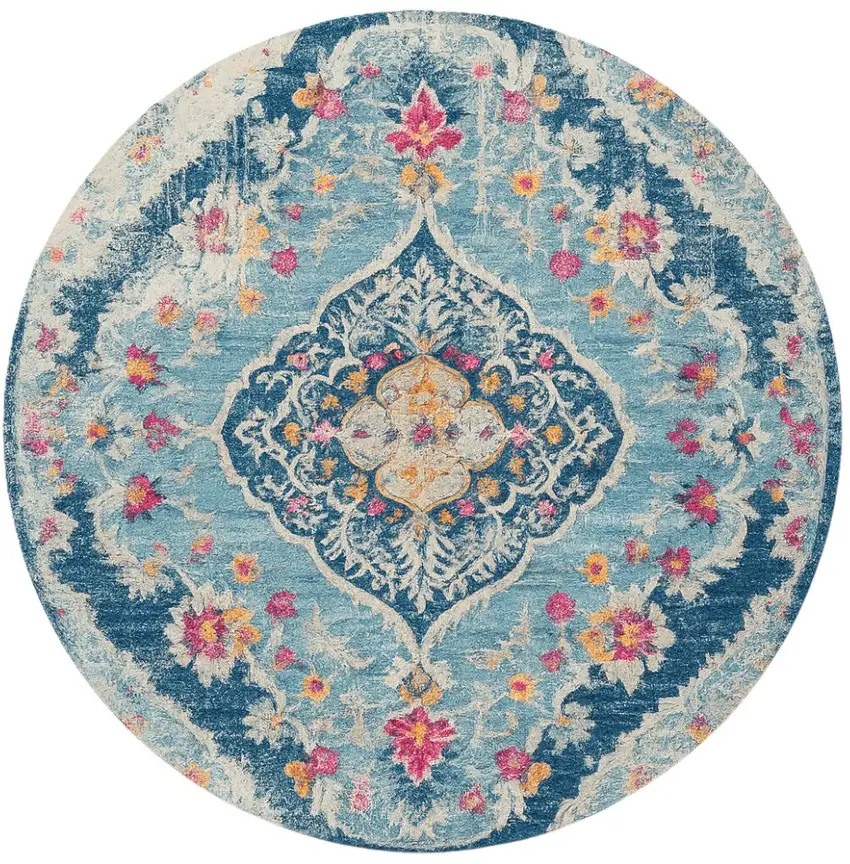 5' Blue and Gray Oriental Distressed Round Rug Photo 2