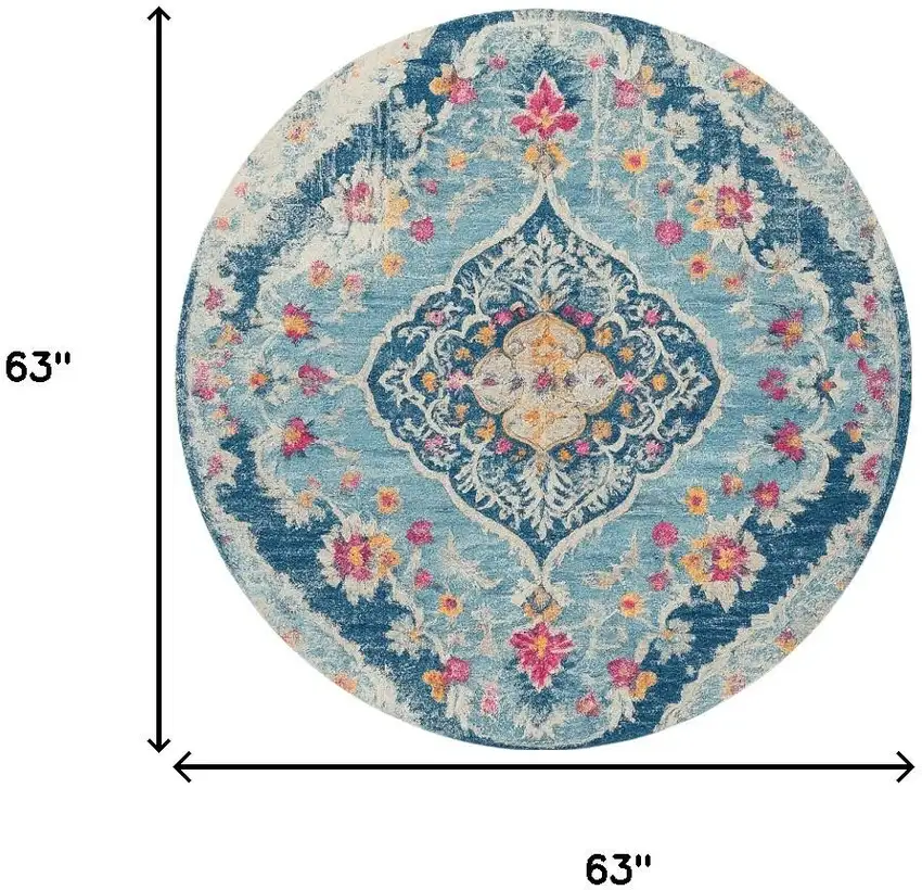 5' Blue and Gray Oriental Distressed Round Rug Photo 3