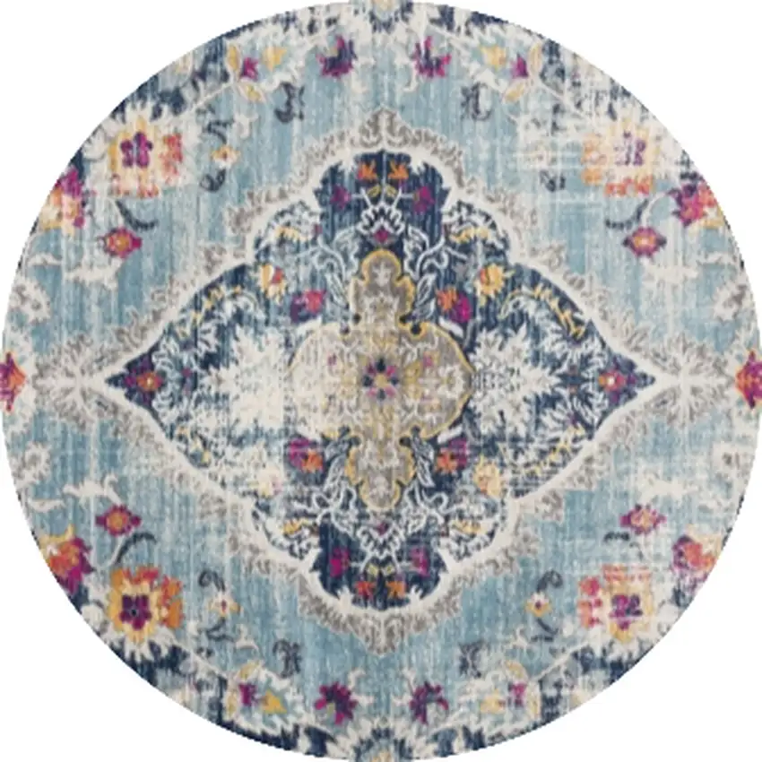 5' Blue and Gray Oriental Distressed Round Rug Photo 1