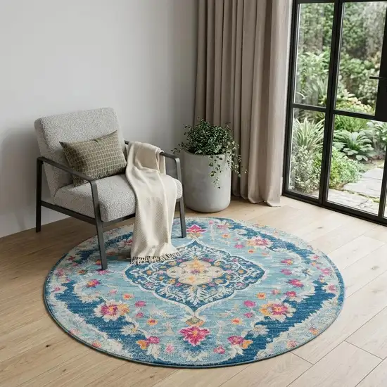5' Blue and Gray Oriental Distressed Round Rug Photo 1