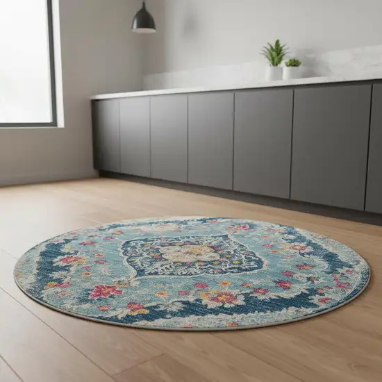 5' Blue and Gray Oriental Distressed Round Rug Photo 1