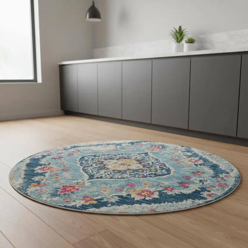 5' Blue and Gray Oriental Distressed Round Rug Photo 1