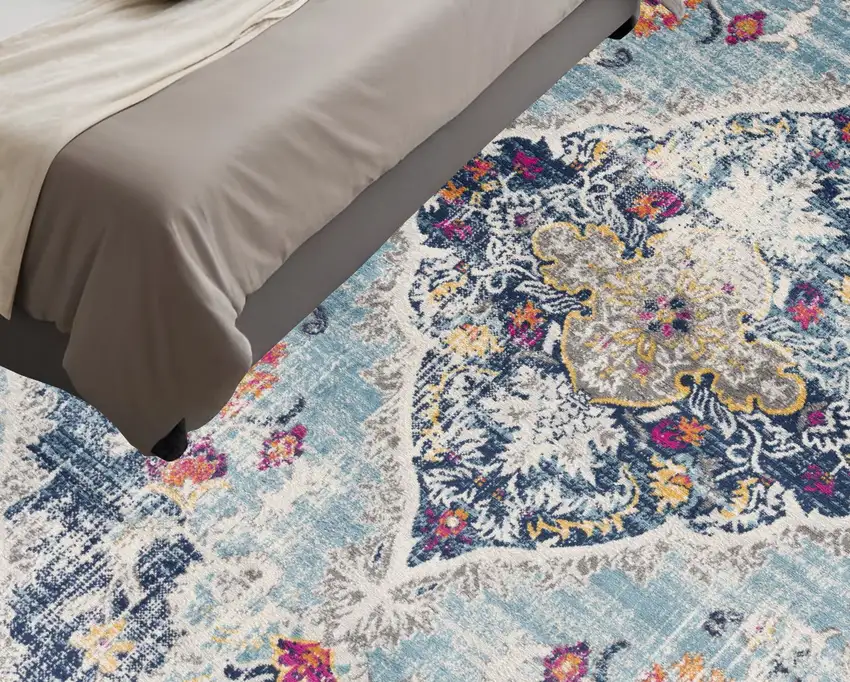 5' Blue and Gray Oriental Distressed Round Rug Photo 1